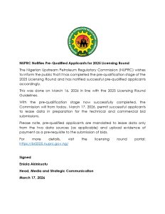NUPRC Notifies Pre-Qualified Applicants for 2025 Licensing Round